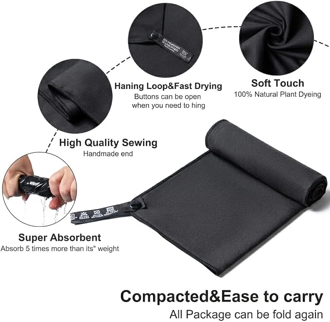 Aegero Camping Towel,2 Pack Microfiber Travel Sports Towel,Quick Dry-Super Absorbent-Ultra Compact-Ultra Soft-Lightweight.Suitable for Gym,Yoga,Trip,Beach,Shower,Backpacking,Pool(Black)
