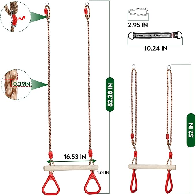 Trapeze Swing Bar with Rings, Wooden Trapeze Swing Bar with Plastic Gym Rings Adjustable Rope, Locking Straps, Outdoor Swing Set Playground Accessories for Kids (Red)