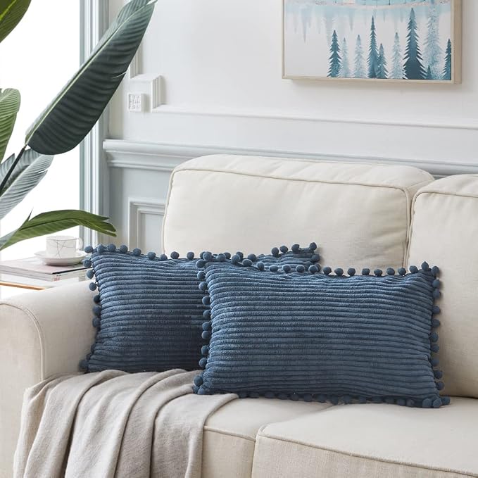 Fancy Homi 2 Pack Dusty Blue Lumbar Decorative Throw Pillow Covers 12x24 Inch with Pom-poms for Couch Bedroom Sofa, Farmhouse Boho Home Decor, Soft Corduroy Solid Rectangle Cushion Case 30x60 cm