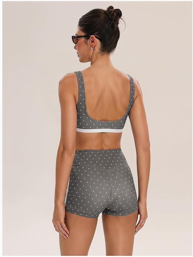 Milumia Women's Polka Dots Workout Set 2 Piece Color Block Bra Tank High Waisted Biker Shorts Layered Matching Yoga Outfit