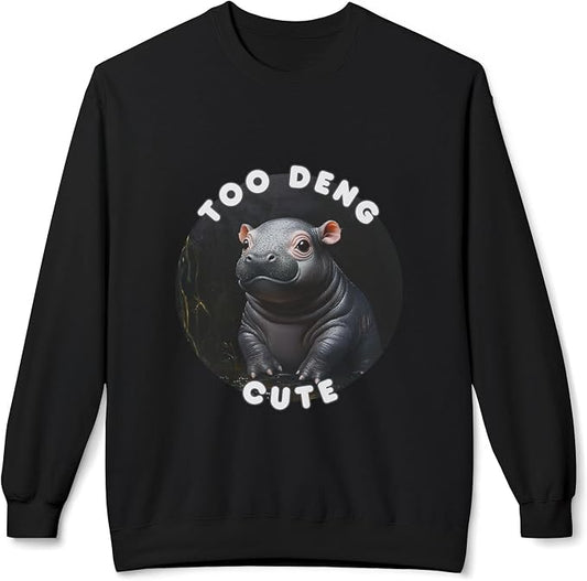 Unisex Fleece Crewneck Sweatshirt - Too Deng Cute Moo Deng Hippo, Cozy Cotton Blend, Classic Relaxed Fit
