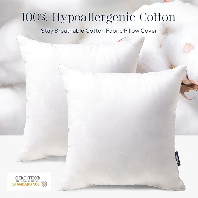 Phantoscope Throw Pillow Insert with 100% Cotton Cover, 18x18 Inch, 1 Pack | Soft Supportive Throw Pillows for Couch Bed, Hypoallergenic Breathable Pillows Inerts, Square Decorative Cushion Sham Stuffer