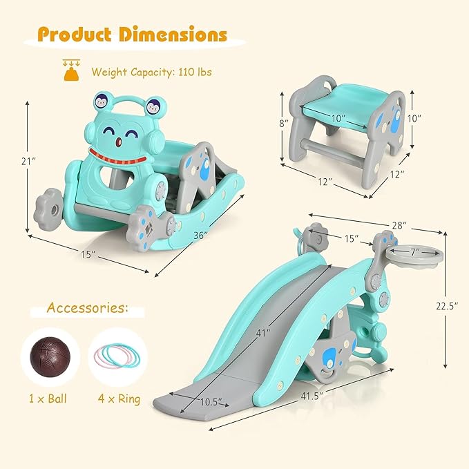 HONEY JOY Toddler Slide Rocking Toy, 6 in 1 Convertible Freestanding Slide for Kids w/Basketball Hoop/Ring Toss Game/Rocking Horse/Stool, Foldable Baby Climber Playground Slide for Indoors Outdoors