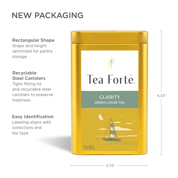 Tea Forte Clarity Premium Loose Leaf Caffeinated Green Tea Blend Canister, Makes 35-50 Cups