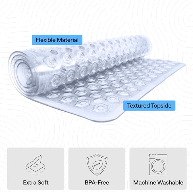 GORILLA GRIP Patented Bath Tub Shower Mat, 2 Pack, Machine Washable Bathtub Floor Liner Mats, Suction Cups and Drain Holes to Keep Tubs Clean, Soft on Feet, Bathroom Essentials, 35x16 Inch, Clear