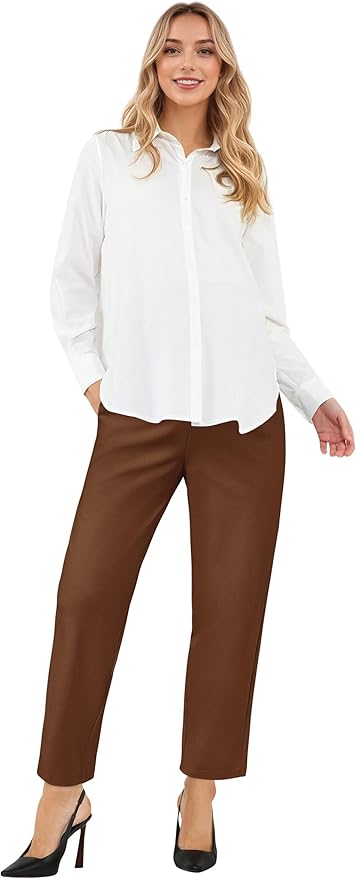 OUGES Womens Stretchy Maternity Over Belly Casual Work Straight Leg Pants Ankle Business Office Trousers with Pockets