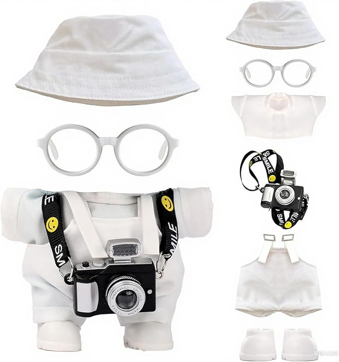 17cm Doll Clothes Set, Hat & Overalls & Shirt & Shoes & Glasses & Camera Set for 17cm Accessories Suit, Stylish Dolls Clothes Accessories, Cute Clothes for Dress up Unique Style (White)