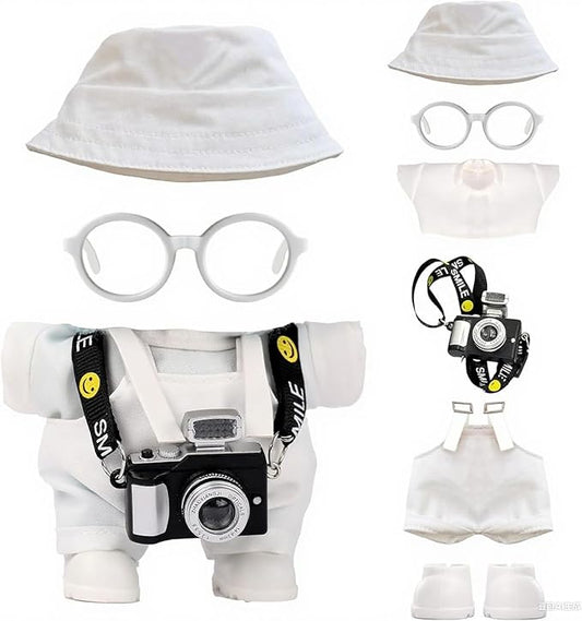 17cm Doll Clothes Set, Hat & Overalls & Shirt & Shoes & Glasses & Camera Set for 17cm Accessories Suit, Stylish Dolls Clothes Accessories, Cute Clothes for Dress up Unique Style (White)
