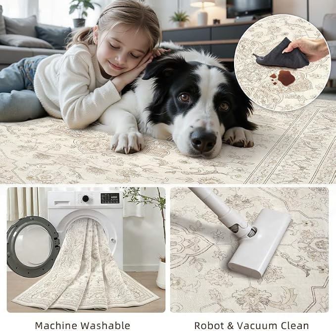 3x5 Area Rugs for Living Room: Vintage Boho Neutral Washable Rug Indoor Soft Large Area Rug Carpet for Bedroom Nursery Farmhouse Dining Room Office Floor Non-Slip Low Pile Under Table Rug Beige White