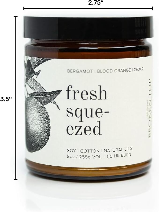 Broken Top Fresh Squeezed Pure Soy Candle | 9 oz. | Bergamot, Blood Orange & Cedar 50-Hour Burn Time. Natural Cotton Wick, Vegan, No Parabens, No Phthalates