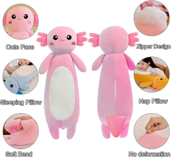 Long Axolotl Plush Pillow, Pink Axolotl Stuffed Animal for Girls and Boys Salamander Plush Toy Gift for Christmas (Pink, 80cm/31.49inch)
