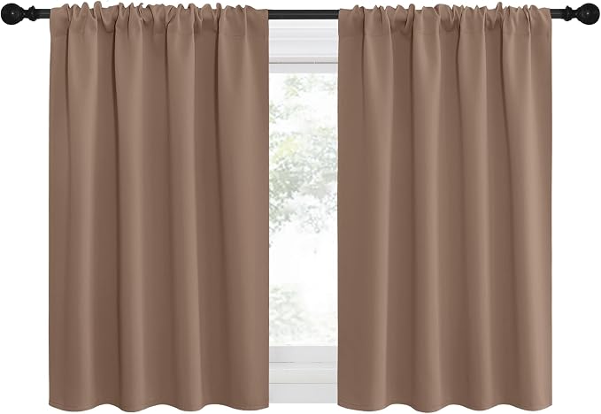 NICETOWN RV Blackout Curtains for Camper Windows, Window Treatment Thermal Insulated Rod Pocket Small Blackout Draperies/Drapes for Bedroom/Kitchen (Cappuccino, Set of 2, 34" Wide by 30" Long)