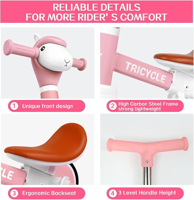 5-in-1 Toddler Tricycle with Lights & Music, Adjustable Push Kids Bike for 1-5 Year Olds, Toddler Balance Bike & Tricycle for Boys & Girls, Birthday Gift for 1 2 3 4 5 Year Old Kids (Pink)