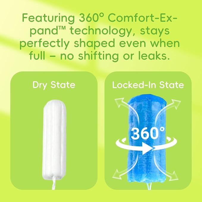 Tellove Tampons with 100% Organic Cotton Core, 48 Count (48 Super Tampons), Featuring 360° Comfort-Expand Leakproof Technology with Comfort BPA-Free Long Applicator, Gentle on Sensitive Skin