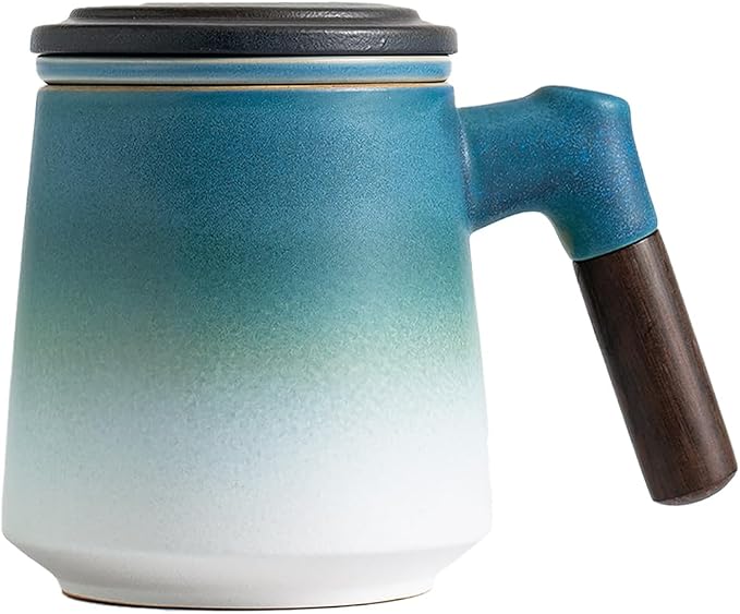 ZENS Tea Cup With Infuser and Lid, 12oz Gradient Blue Mug for Loose Leaf Steeper, Wood Handle With Fine Mesh Strainer, Hot Tea Diffuser Accessories for Tea Lovers Gifts