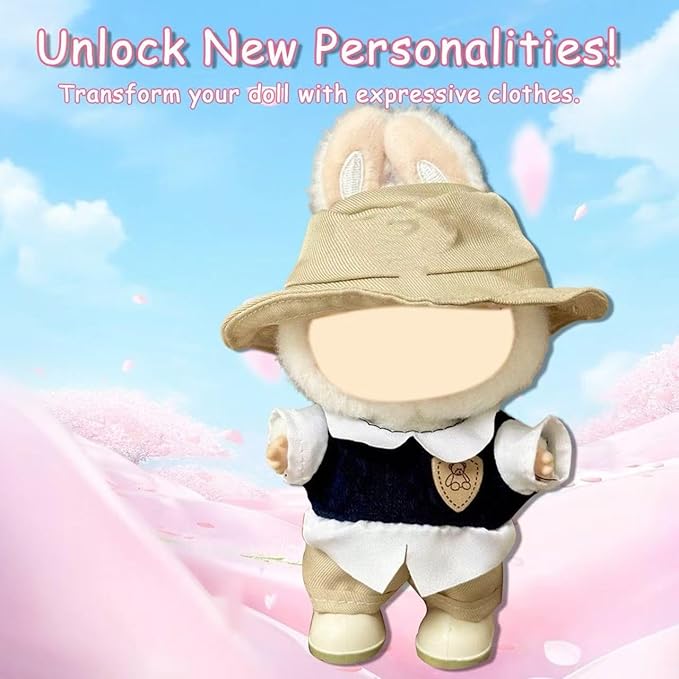 17cm Clothes Set(NO Doll),Hat & Overalls Set for 17cm Accessories Suit,Stylish Adorable Dolls Clothes Accessories,Cute Clothes for Dress up Unique Style (Apricot Prada)