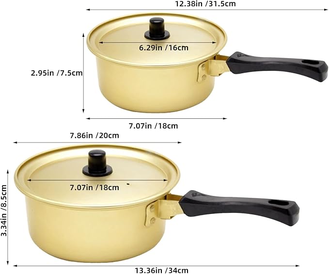 OUNONA 2pcs Gold Korean Ramen Pot Set - Large and Small Aluminum Cooking Pot with Lid - Suitable for Stovetop Noodle Soup Kitchenware