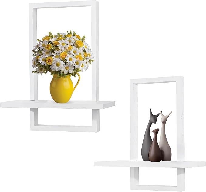 Floating Shelves for Wall,Decorative Wall Shelves,Plants Shelf Framed | Square Wall Decor,Art Sconces Artificial Vases Hanging Storage Shelf for Bathroom Living Room Modern Elegant,Wood,L+S,White