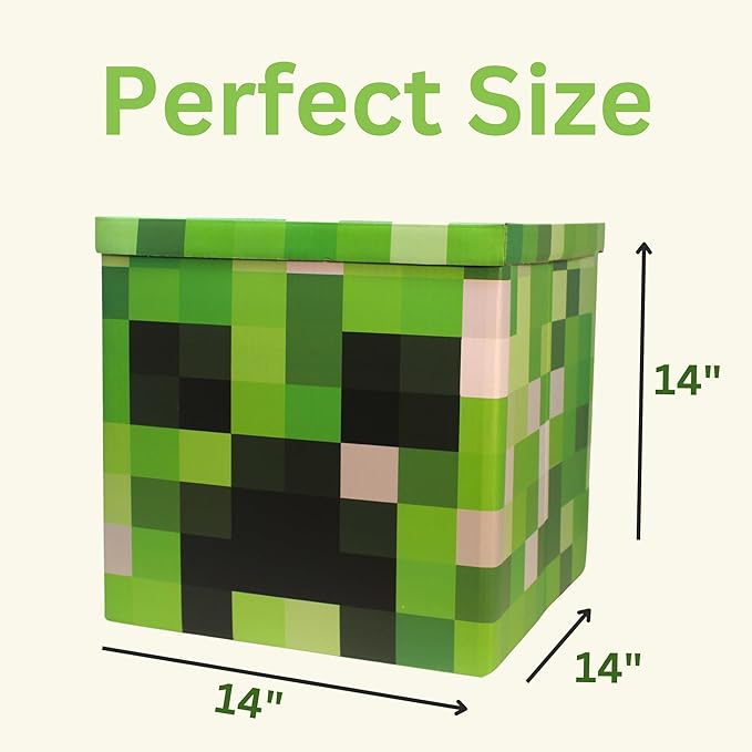 Large 14 x 14 Pixelated Box - Creeper| Birthday Party Supplies | Storage Decoration and Prop, Big Birthday Box | Storage Bin Chest With Lid Gift Accessory (Creeper Block)