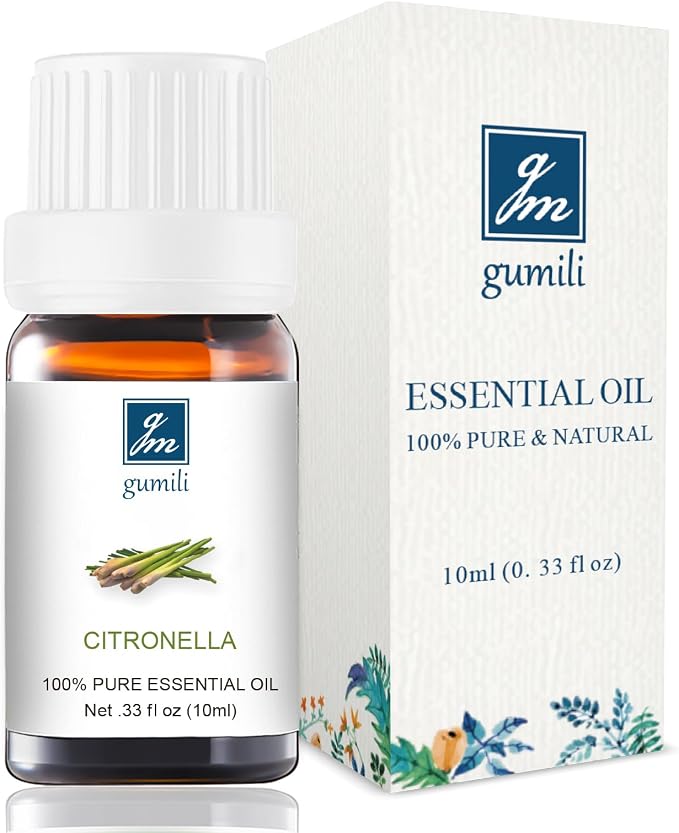 GM Gumili Citronella Essential Oil - 100% Pure Organic Oil for Diffuser, Spray, Candle Making & Skin Care - 10mL Glass Bottle
