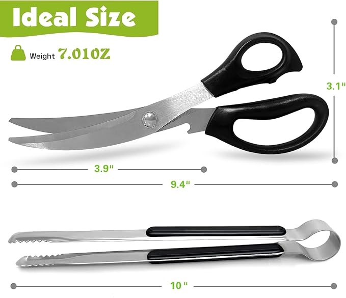 Kitchen Scissors, Korean Barbecue Scissors and Tongs Set,Kitchen Sheras for Meat Cutting, Chicken, Vegetables,Stainless Steel Non-slip Serrated Sharp BBQ Multipurpose Kitchen Sheras Tongs