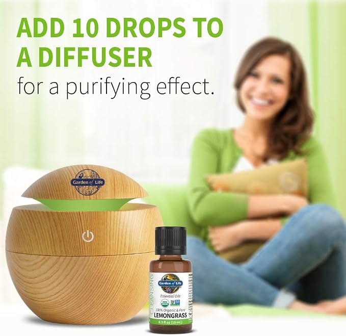 Garden of Life Essential Oil, USDA Organic & Pure, Clean, Undiluted & Non-GMO, for Diffuser, Aromatherapy, Meditation, Cleansing, Relaxing, Calming, Lemongrass, 0.5 Fl Oz (Pack of 2)