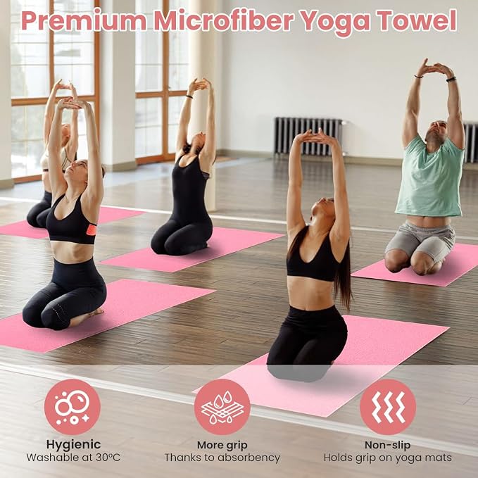 flintronic Yoga Towel, Yoga Mat Towel with Grip Dots, Microfiber Yoga Blanket Towels, Soft & Breathable, with Quick Dry Towels and Mesh Carry Bag, for Bikram, Pilates and Workout, 24" x72", Pink