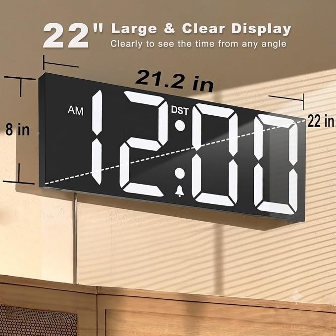JALL 22" Large Digital Wall Clock, Big LED Display with Night Light, Auto Dimming & DST, Giant Alarm Clock for Seniors, Elderly Parents, Gift for Mom Dad (White)
