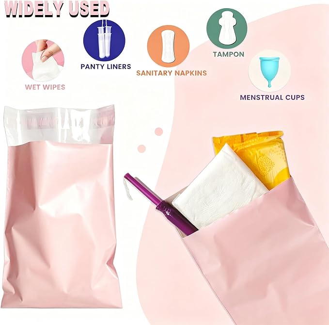 100 PCS Sanitary Napkin Disposal Bags, Self-sealing, Odor-proof, Rectangular, Plastic, 12“ x 6.7” Bags for Feminine Hygiene, Personal Waste, or Pet Waste (Pink)