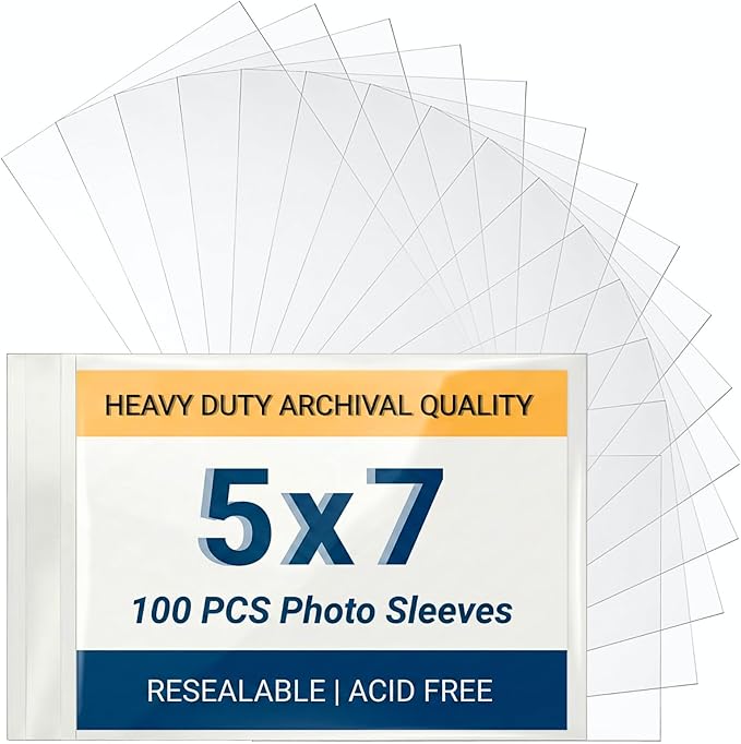5x7 Archival Photo Sleeves, 2.7 Mil Extra Thick, Heavy Duty Self-Adhesive Protectors for Wedding Invitations & Greeting Cards, Crystal Clear Dust & Bend Protection, Acid-Free Storage, 100 Count