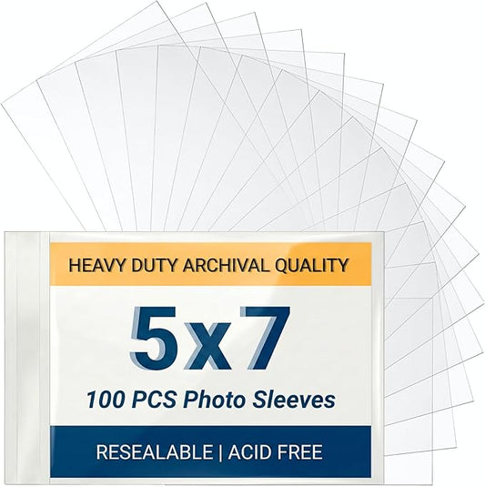 5x7 Archival Photo Sleeves, 2.7 Mil Extra Thick, Heavy Duty Self-Adhesive Protectors for Wedding Invitations & Greeting Cards, Crystal Clear Dust & Bend Protection, Acid-Free Storage, 100 Count