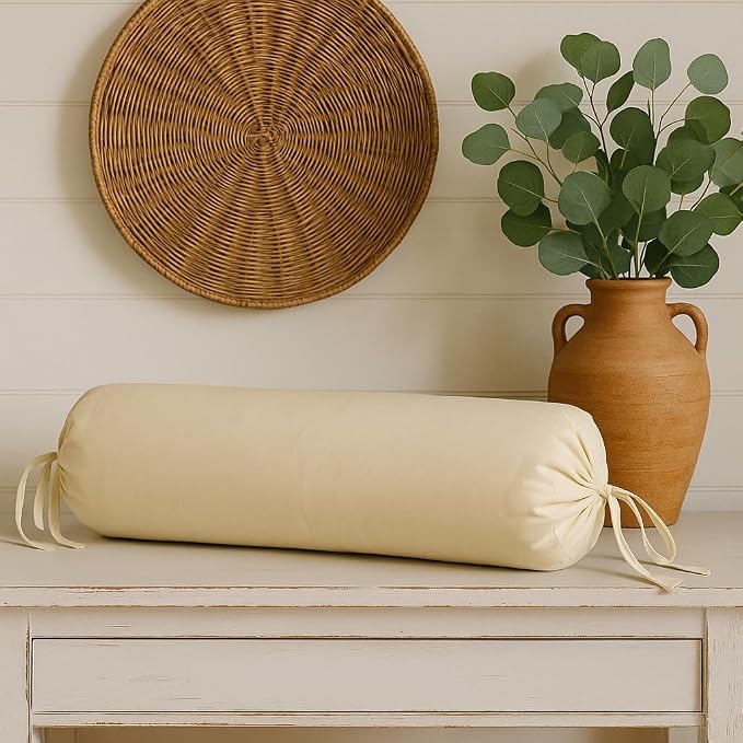 Round Pillow Cover Cervical Neck Roll Cotton Bolster Pillowcase for Cylindrical Cushion and Drawstring Closure Round Neck Pillowcase 6" x 18" (15 x 45 cm) Beige