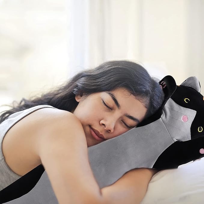 shangman Lovely Plush Cat Doll - Cute Cartoon Soft Stuffed Kitten Pillow, Long Throw Sleeping Pillow, Valentine’s Day Gift for Kids & Girlfriend (Black, 50cm/19.6in)