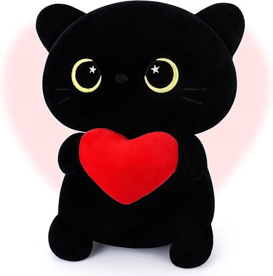 Achwishap Black Cat Plush,Cute Cat Stuffed Animal-14” Kawaii Black Cat Plush Toys Birthday Gifts for Girls Boys Adults,Cute Plushies Soft Kitten Plushie Cuddle Pillow for Kids,Red Love Heart Plush
