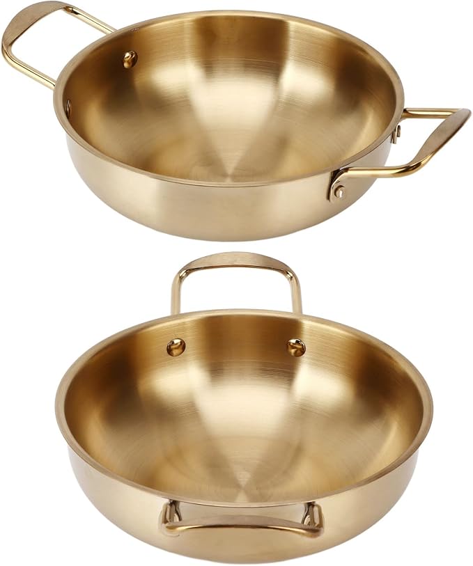 BestAlice Economy Mixing Bowl Gold Korean Ramen Noodle Pot with Handles Stainless Steel Everyday Pan Portable Kitchen Cooking Pot for Household(inner diameter 22cm)