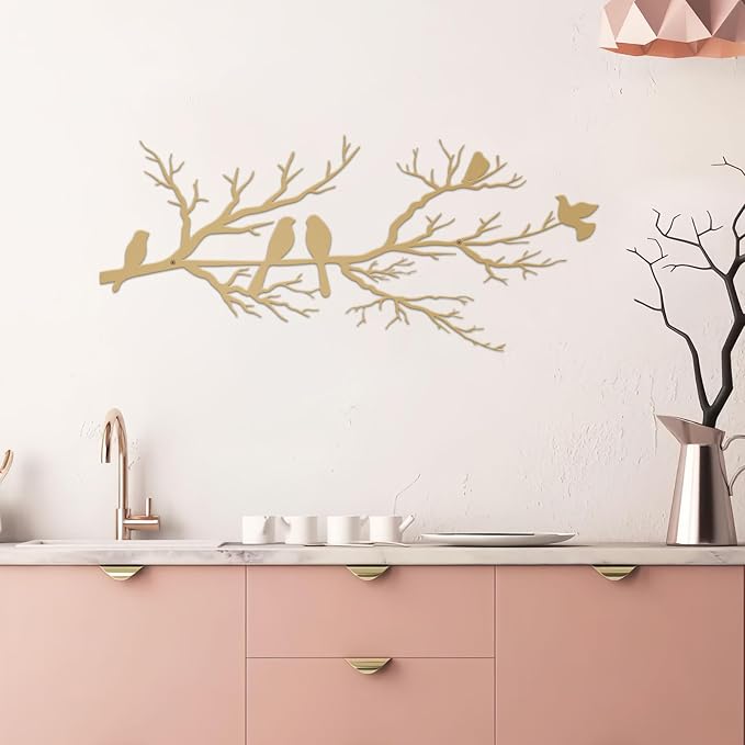 ESTART Metal Birds Wall Art, Metal Vivid Birds on Branch Silhouette Wall Decor Gold Leaves with Bird Outdoor Hanging Wall Sculpture for Home Living room Bedroom Balcony Garden (Gold, Small)