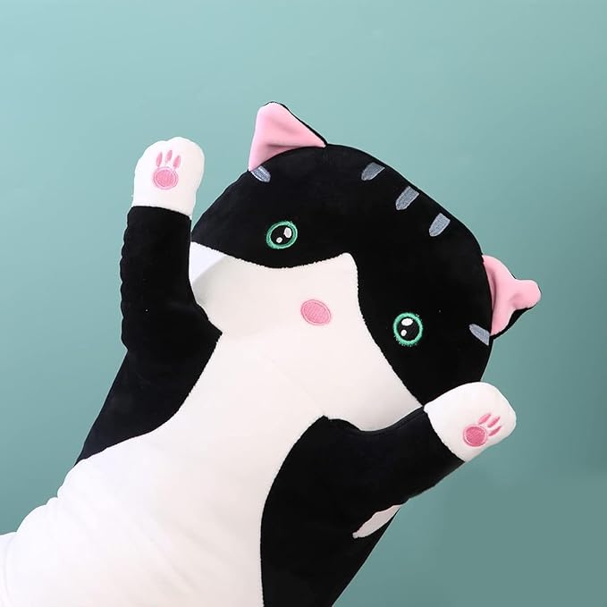 Long Cat Plush Pillow Soft Cat Hugging Pillow Stuffed Animal Pillow Cute Kitty Sleeping Throw Pillow Gift for Kids(70cm/27.55inch,Black