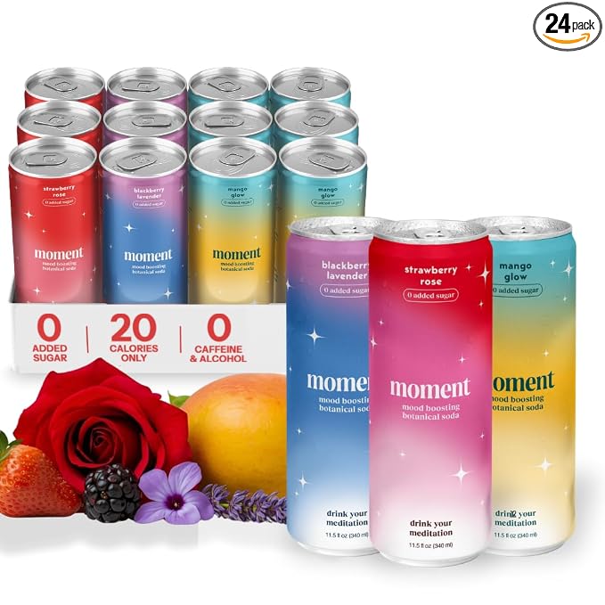 Moment Adaptogen Drink (Shark Tank) - Calm, Clarity & Relaxation with L-Theanine & Ashwagandha - Non Alcoholic Drinks for Adults - Sparkling Botanical Soda - 0 Sugar 0 Caffeine - 24 Pack 11.5 fl oz