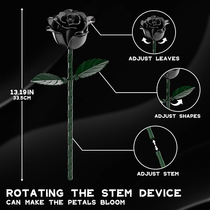 Black Rose Bouquet Building Blocks, Artificial Roses Flowers Botanical Collection Building Set, Gothic Home Decor, Christmas Halloween Birthday Present for Adults Kids Lover