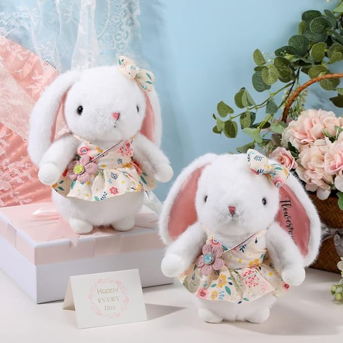 Meooeck Flower Girl Stuffed Animal Bunny Plush Toy with Embroidered Flower 10" Cute Bunny Doll Bride Gifts for Wedding Party Proposal Decorations (2 Pcs)