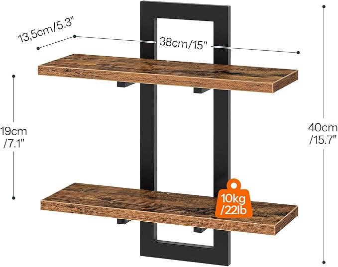 HOOBRO Floating Shelves, 15 Inch Wall Shelf Set of 4, Wall Mounted Storage Shelves 2-Tier, Hanging Bathroom Shelves, for Living Room, Bedroom, Bathroom, Kitchen, Rustic Brown and Black BF32BJP401