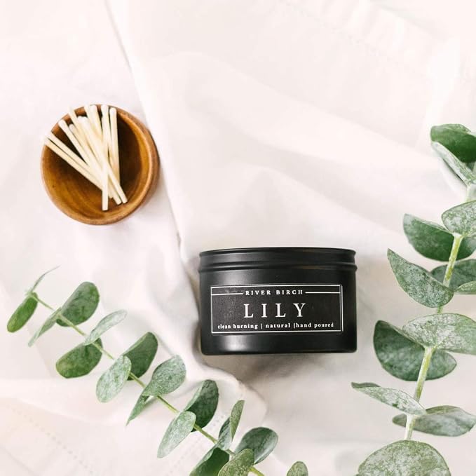 River Birch Candles Lily Scented Candle | Premium, All-Natural, Non-Toxic, Soy Candles | 8 oz. Black Matte Tin Travel Candle | Cozy Relaxing Gifts for Home