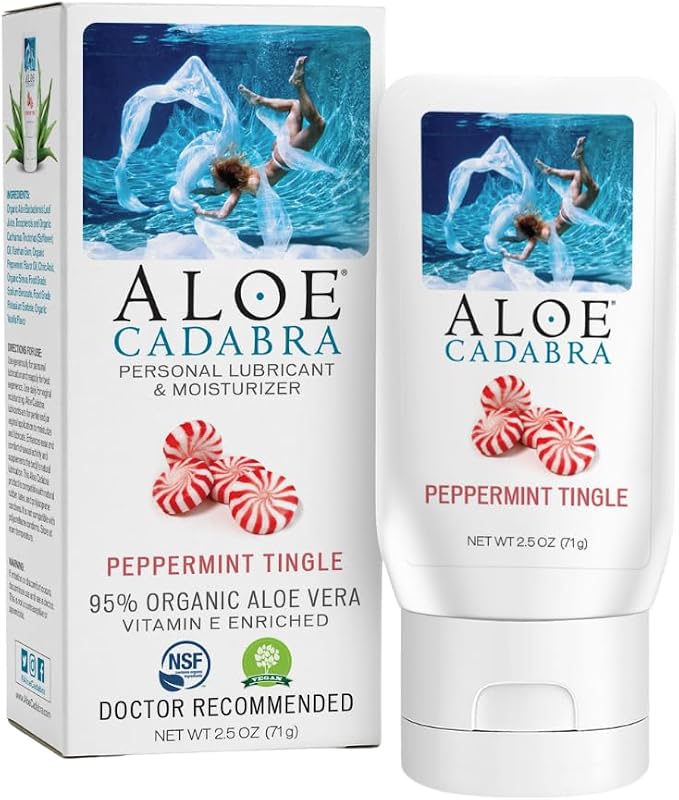 Aloe Cadabra Flavored Personal Lubricant and Vaginal Moisturizer, Organic Edible Aloe Lube for Men, Women and Couples, Non-Staining, pH Balanced, Toy Compatible (Peppermint, 2.5 Ounces, 1 Pack)