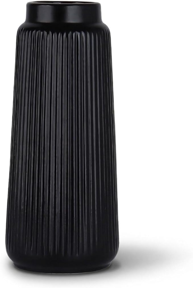 Black Ceramic Vase, 8 Inch Conical Flower Vase with Narrow Mouth for Pampas Grass, Modern Tapered Decorative Vase for Home Decor, Living Room Table, Shelf