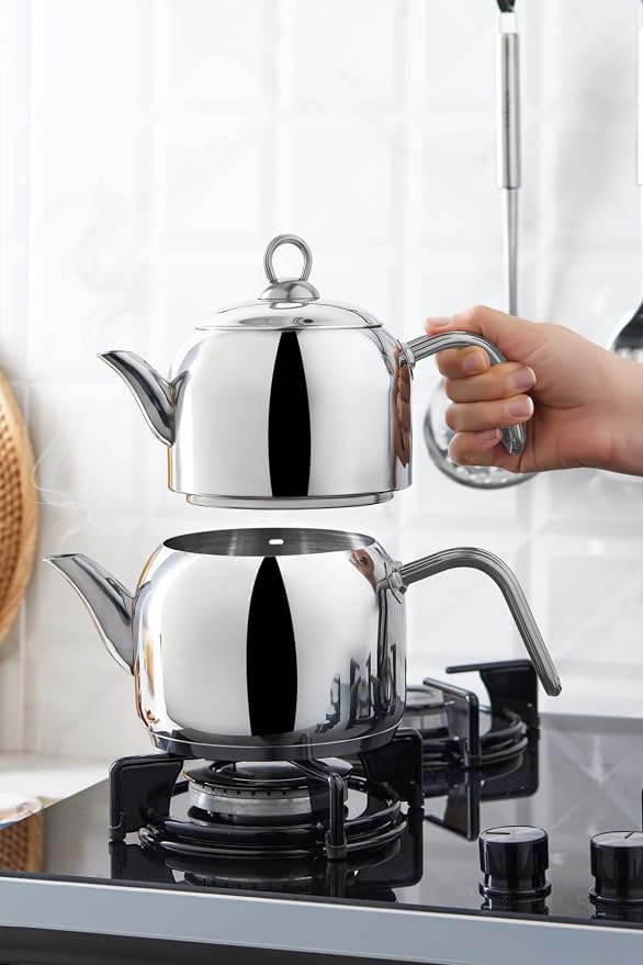 Karaca Urban Metal Turkish Teapot Set, Medium 30cm Double Teapot Set, Durable 18/10 Stainless Steel Body, 3.5 Qt (3.3 Liters) Total Capacity Stackable Tea Maker with Teapot Lid, Silver