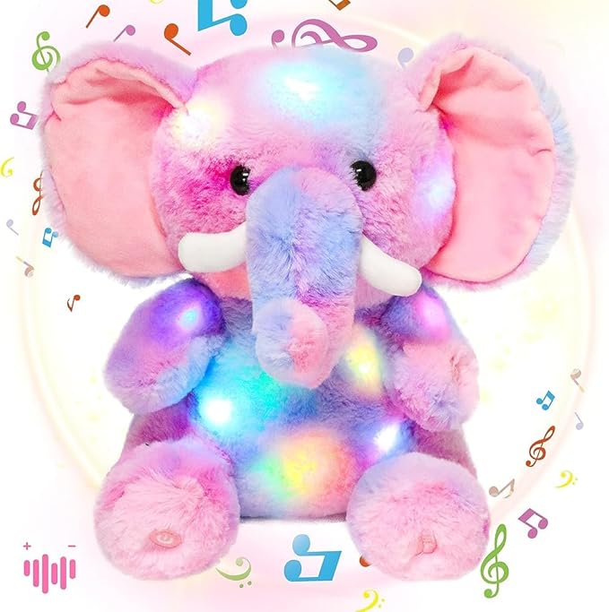 Hopearl Colorful LED Musical Stuffed Elephant Lighting Up Singing Plush Elephish Adjustable Volume Lullaby Animated Soothe Birthday Festival for Kids Toddlers, Rainbow, 11''