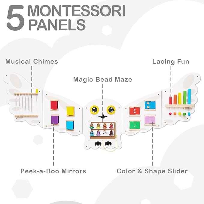 Monläurd® Montessori Owl Busy Board - Sensory Wall Panel for Toddlers, Wooden Activity Board for Kids 6M+, Montessori Educational Toys for Baby Learning, Playroom & Daycare Furniture