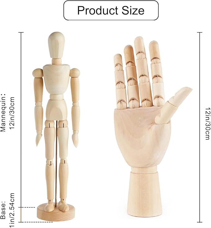 2 Pack 12" Drawing Mannequin,12" Hand Model,Wooden Manikin Body Figures Gifts for Artists,Poseable Art Mannequin Figure Dolls,Wood Statue Sculpture Decor Animation Drawing Tools