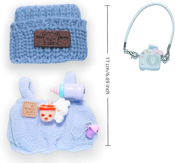 17cm Doll Clothes Set (Doll Not Included) -3-Piece-Handmade Crochet Outfit, Chic Fashion with Stylish Accessories for Mini Dolls -Hat + Overalls + Camera Ornament [Light Blue]