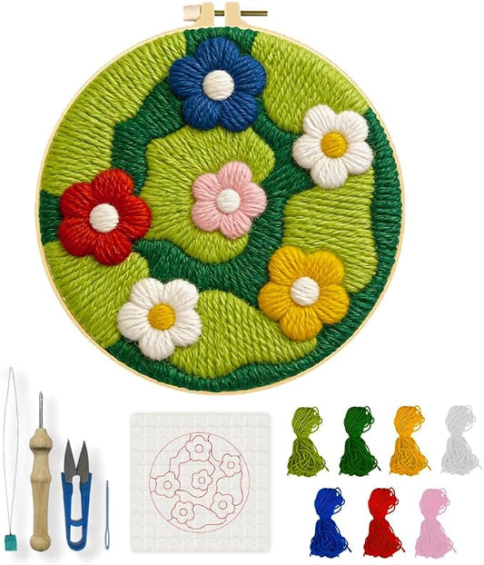 INFUNLY Floral Green Moss Punch Needle Embroidery Kit Complete DIY Punch Needle Kit for Adults Beginners 8.7x8.7 Inch Needlepoint Starter Set for Craft Lovers Home Wall Decor